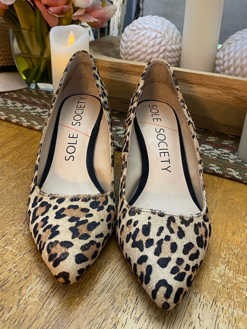 Sole Society Andorra Real Calf Fur Leopard Block Heel Pumps Shoes Size 7